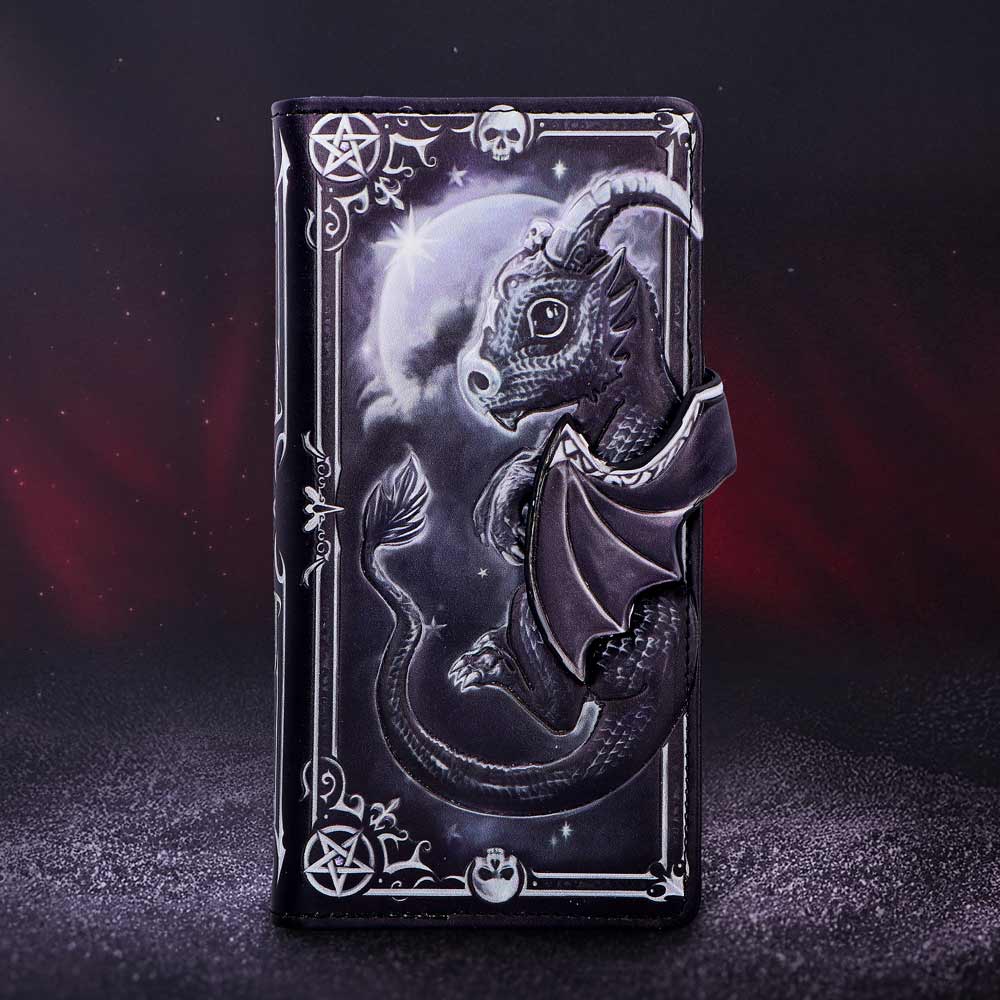 Moon of Lucifly Embossed Purse – black zip-around purse with embossed moon and Lucifly character motif