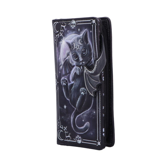 A rectangular zippered black wallet features a gothic illustration of a wide-eyed black kitten with bat wings and crescent moons, bordered by skulls and stars, shown on a white background.