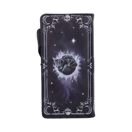 Black rectangular wallet features a curled bat encircled by a glowing purple-white nebula and ornate crescent moon and skull border against a plain white background.
