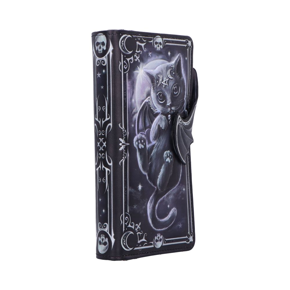 Leather-like wallet featuring a whimsical black cat with bat wings clinging to the front, resting against a starry moonlit background with skull and crescent moon border details, standing upright.