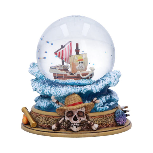 Going Merry snow globe with miniature ship, sculpted blue waves and straw-hat emblem