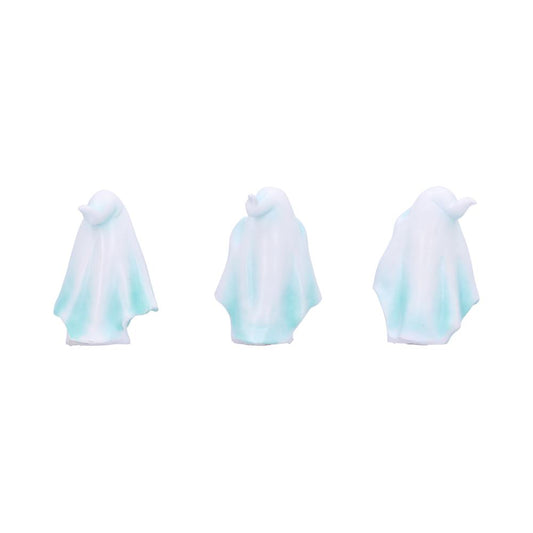 Three decorative white-and-teal ghost figurines stand side by side, slightly angled, spaced evenly against a plain white background.