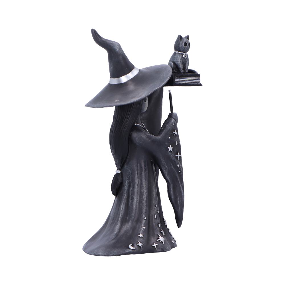 Witch figurine wearing tall pointed hat holds a wand that balances a book topped by a seated cat, cloak decorated with stars and moons, isolated on a white background.