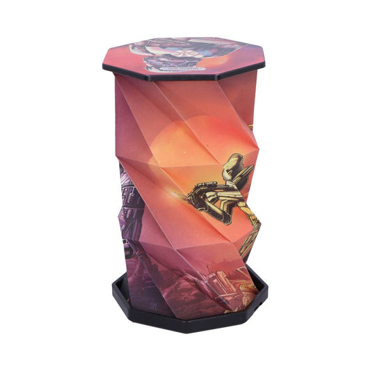 Hexagonal collapsible stool shown open displaying sci-fi artwork of a golden robot firing a blaster against an orange sunset landscape on a white studio background.