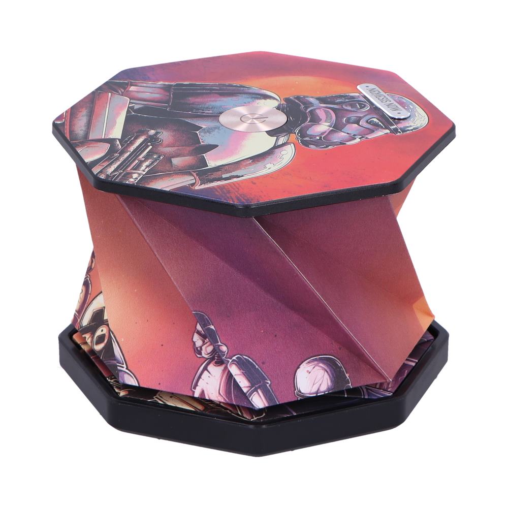 Octagonal collapsible paper stool displaying printed sci-fi armored helmet and troopers, folded into an angular shape against a plain white background.