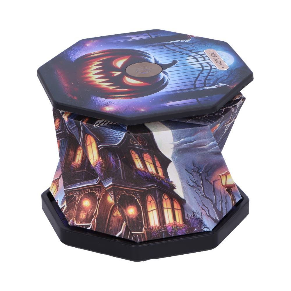 Octagonal Halloween lantern displays a glowing jack-o'-lantern on its lid, haunted-house artwork wraps the sides in moonlit colors against a white background; text POPBEAR