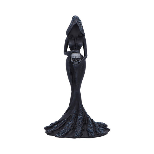 Femme Fatale Keeper Gothic Figurine - front of the hooded black figure gently holding a pale skull