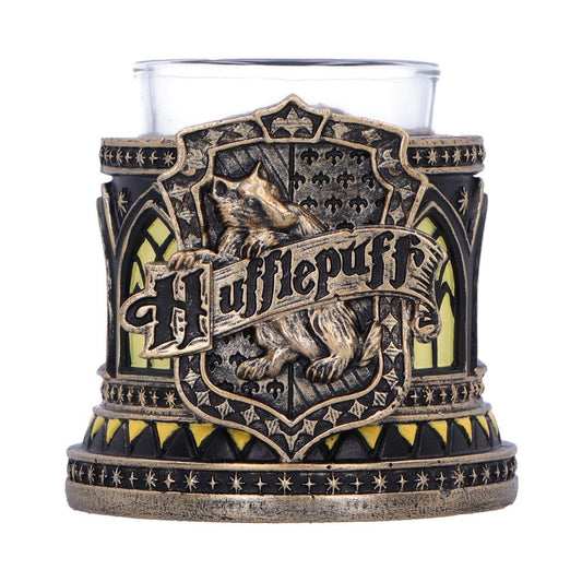 Harry Potter Hufflepuff Tealight Holder - front with the Hufflepuff crest, yellow window details and clear inner cup