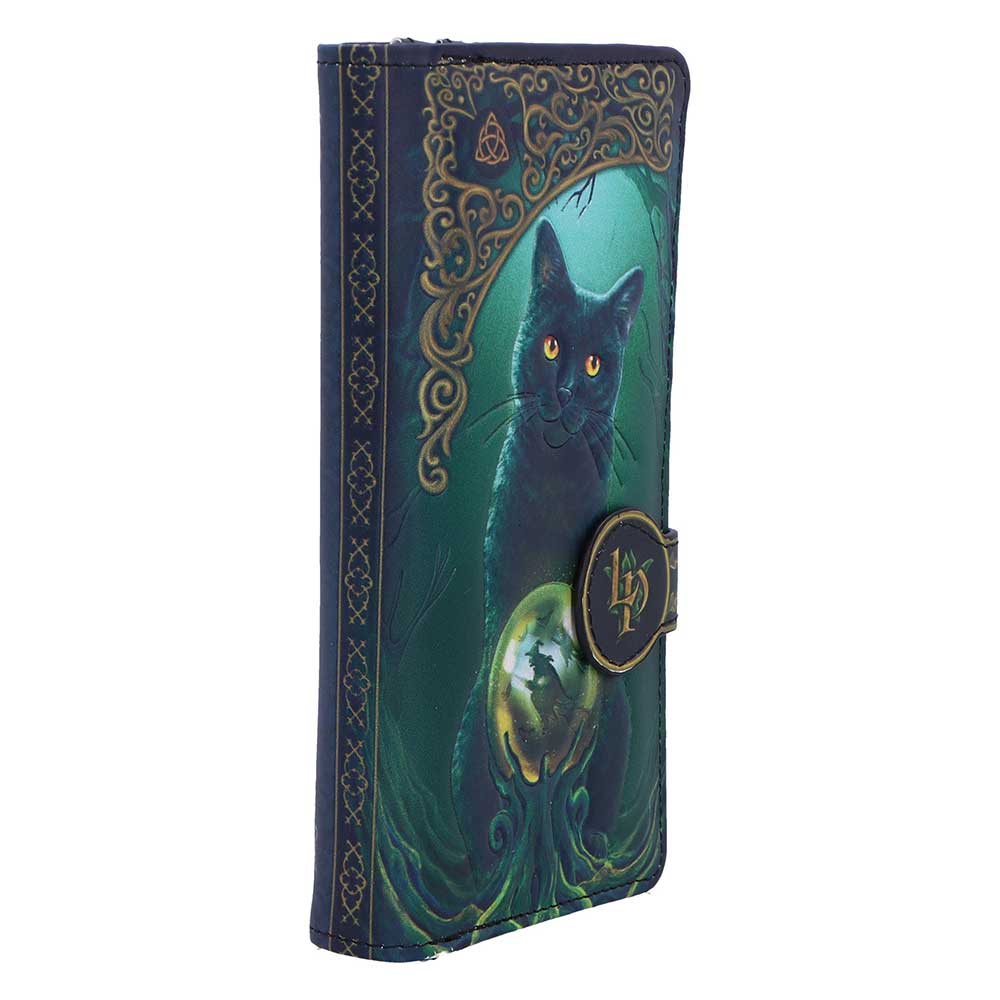 Rise of the Witches embossed purse by Nemesis Now featuring Lisa Parker artwork of a black cat behind a glowing magical orb in a dark green forest