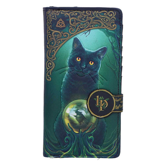 Rise of the Witches embossed purse by Nemesis Now featuring Lisa Parker artwork of a black cat behind a glowing magical orb in a dark green forest