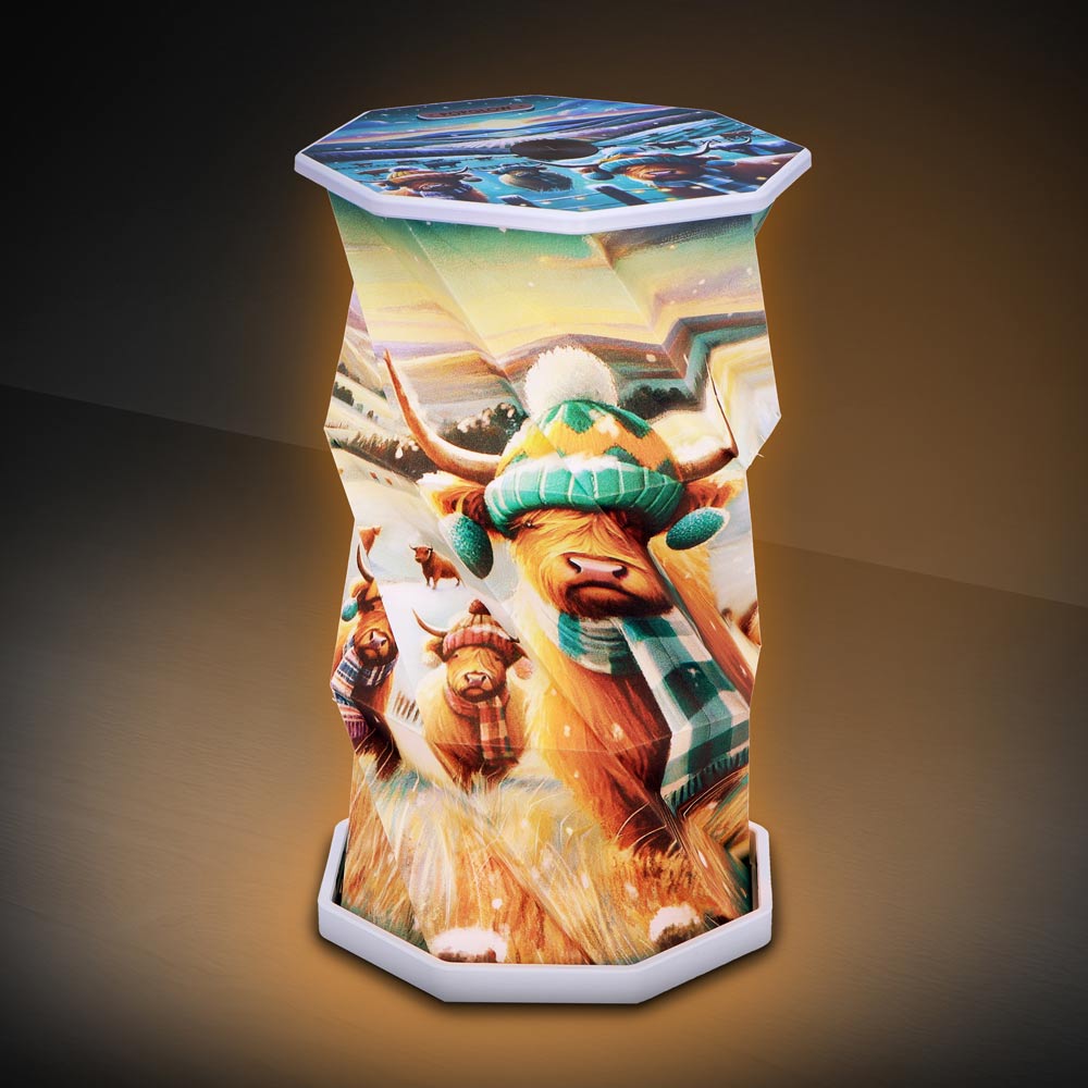 Winter Highland Cows Foldable Lamp foldable LED lamp with snowy Highland cow artwork, USB-C rechargeable design and touch-activated ambient lighting.