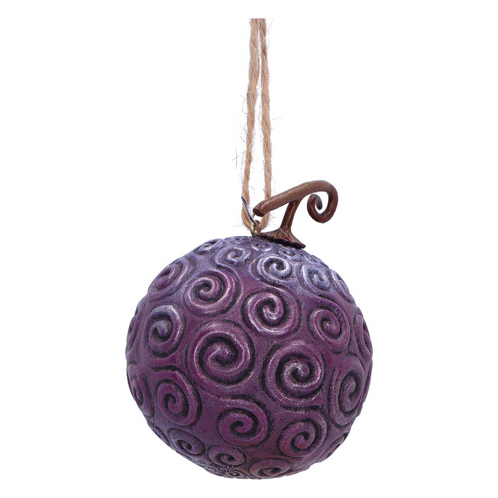 Rear angle of the purple Devil Fruit ornament with spiral texture