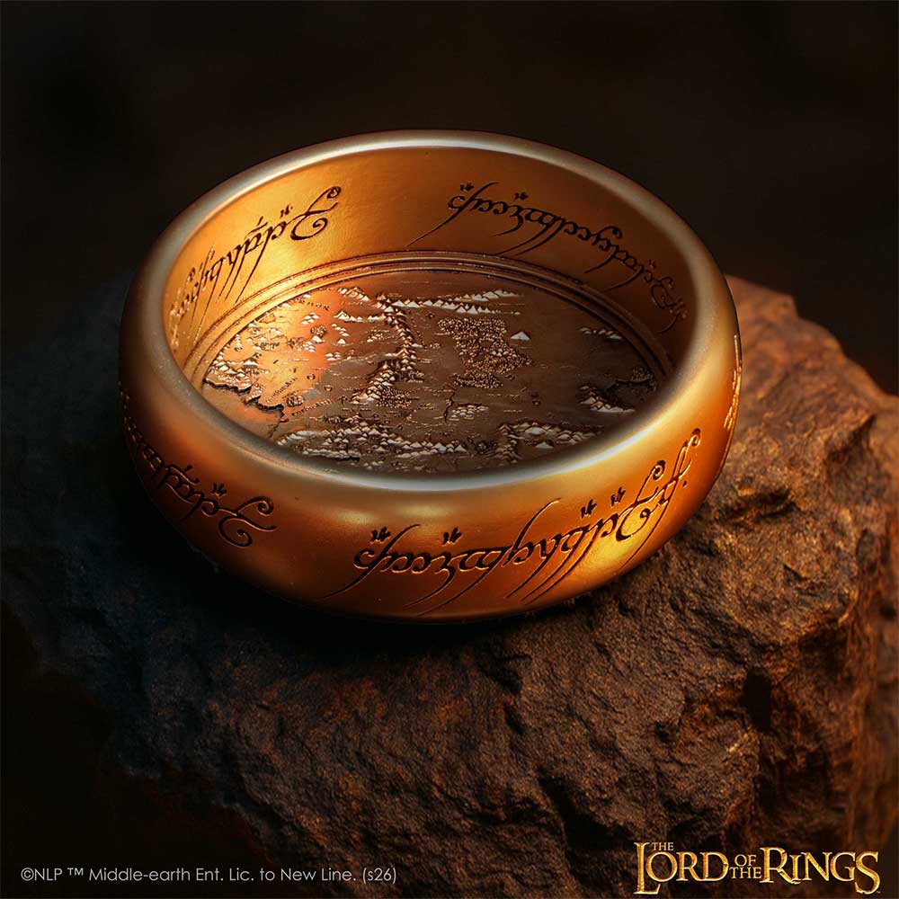 One Ring trinket dish viewed from above on a rocky background, showing its interior map
