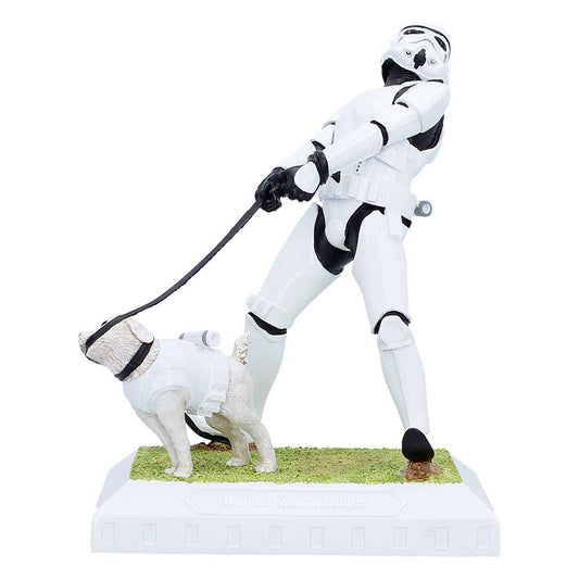 Stormtrooper leaning back on a dog lead beside an armoured canine on a green base