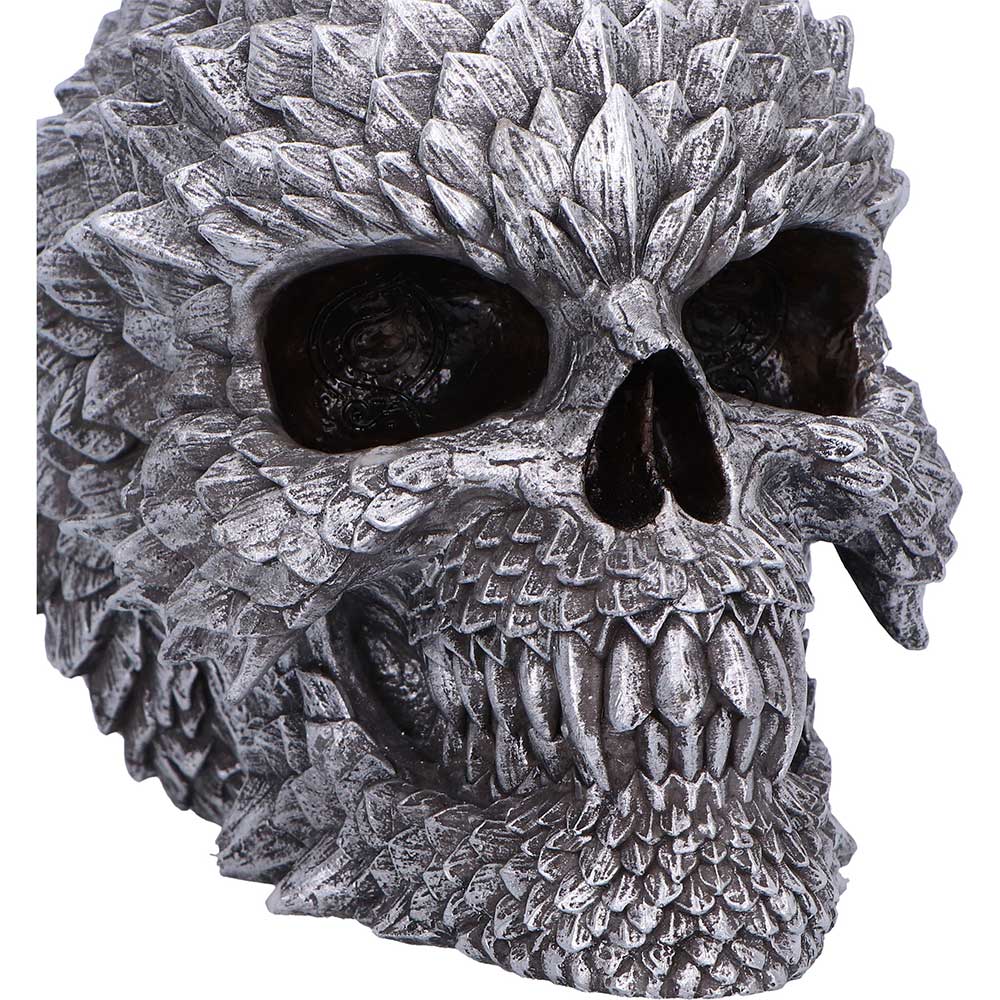Scaled Remains Skull Figurine - close view of the scale-covered brow, eye sockets and teeth