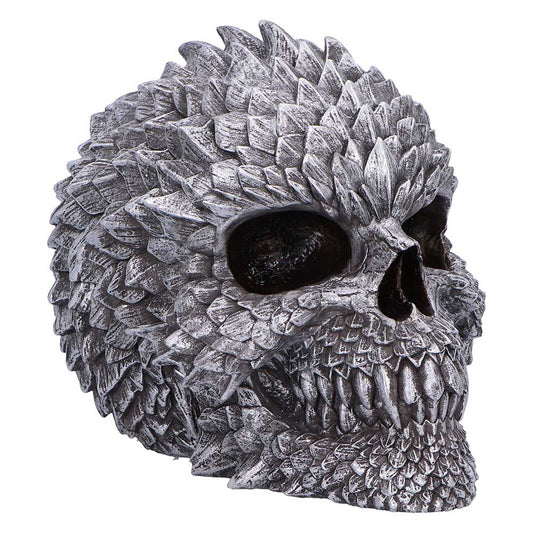 Scaled Remains Skull Figurine - front angle of the grey skull with layered pointed scales