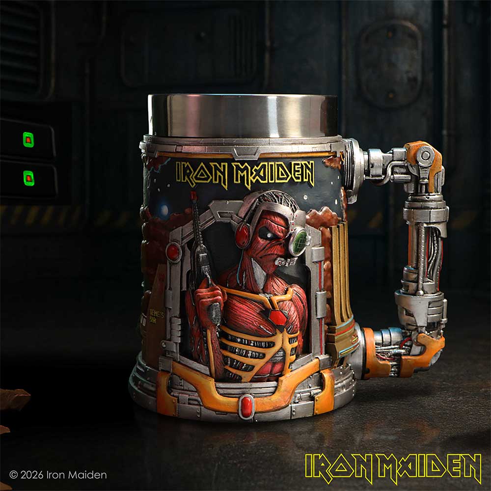 Iron Maiden Somewhere in Time Tankard - displayed in a futuristic setting with the Eddie portrait facing forward