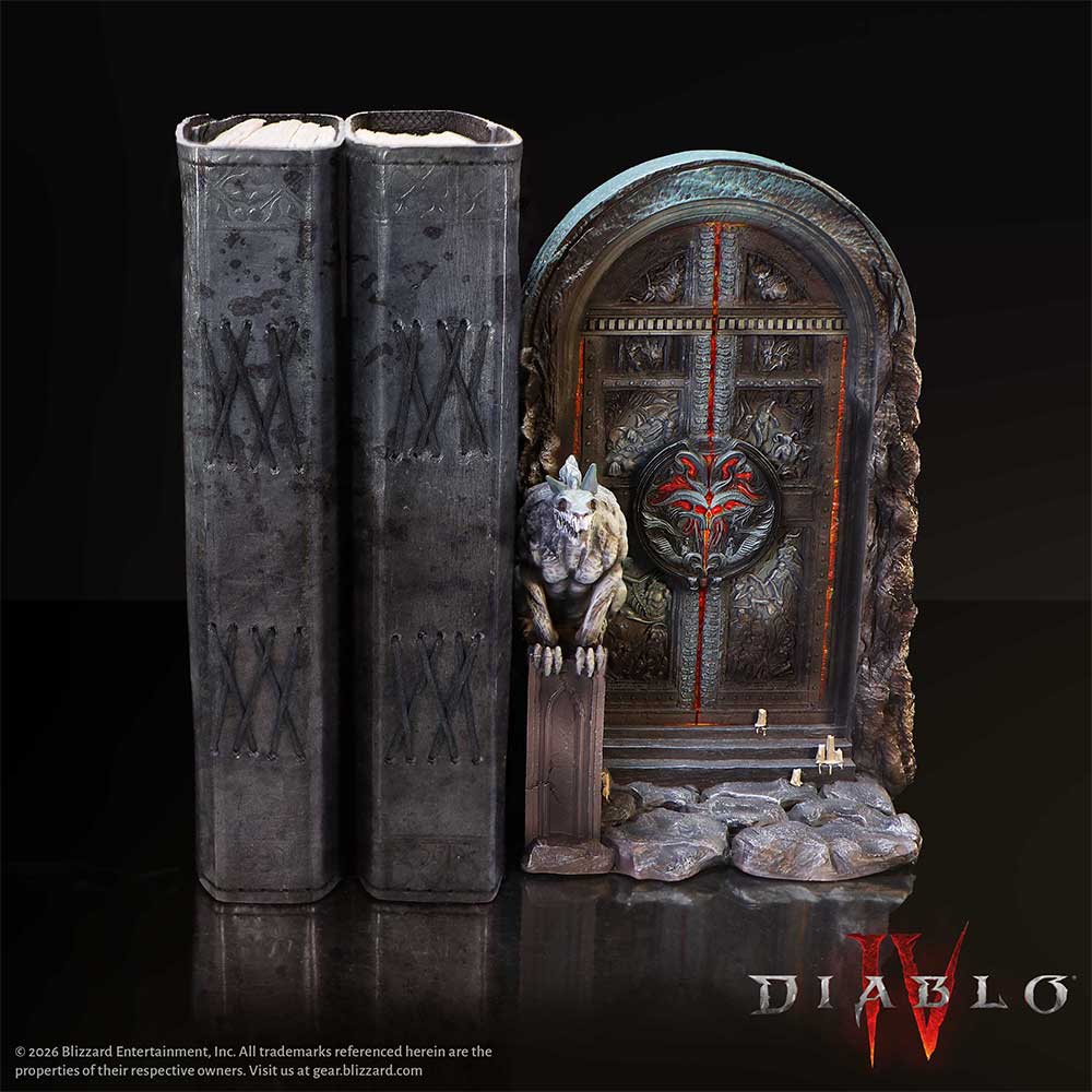 Diablo IV Hells Gate bookend beside books on a dark themed background