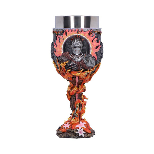 Dark Souls Soul of Cinder Goblet - front with the Soul of Cinder portrait, orange flames and pink flowers