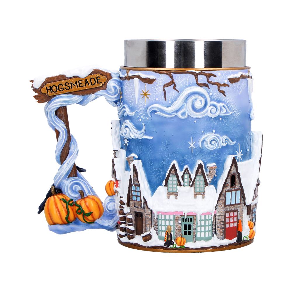 Opposite angle of Hogsmeade tankard with pumpkins and raven near the handle