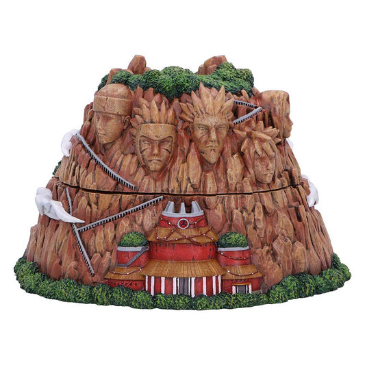 Naruto Hokage Rock box with carved faces, green foliage and village buildings
