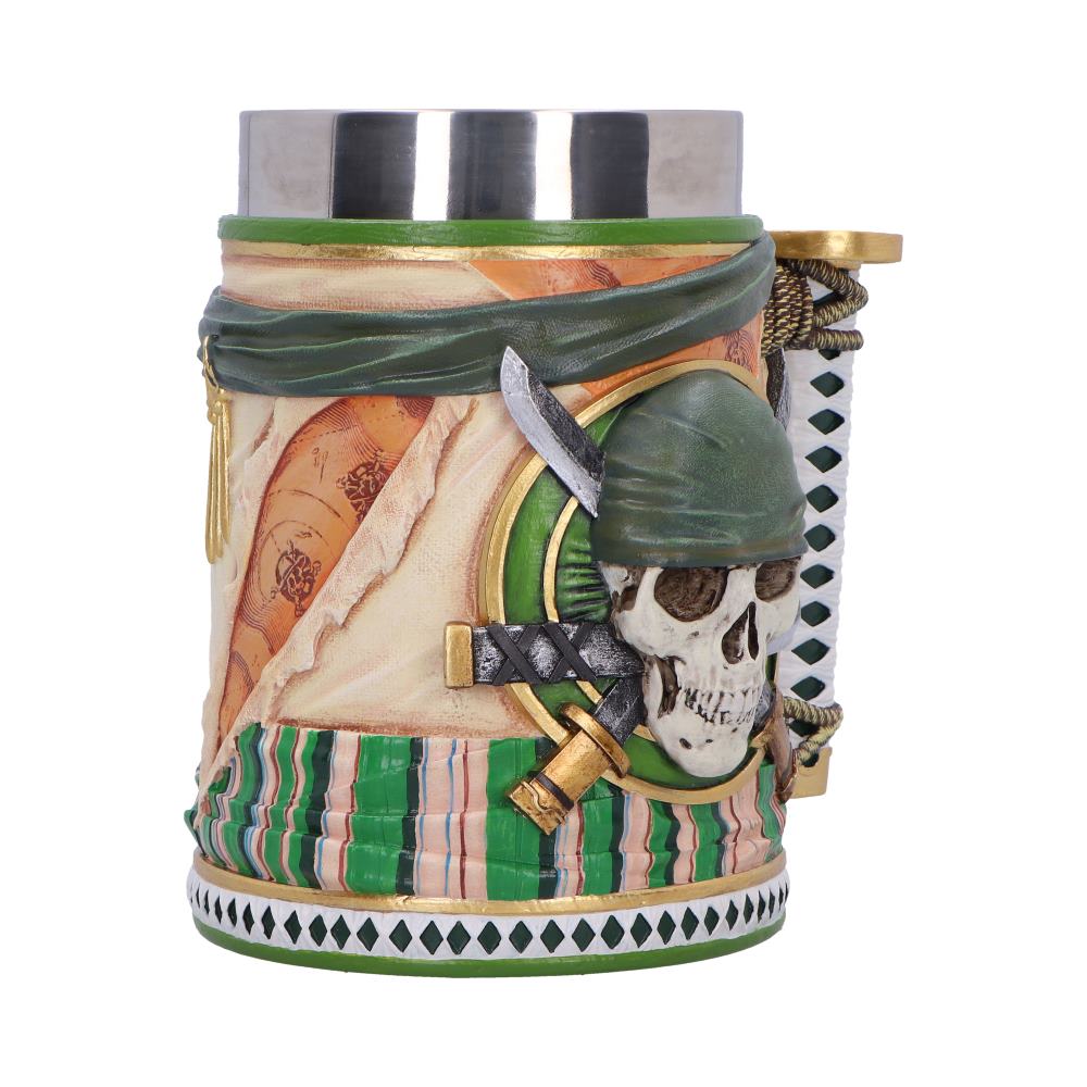 Side angle of Zoro tankard showing green cloth-like detail and decorated body