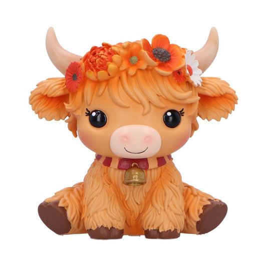 Moo Crew Marigold Flower Cow Figurine - front of the orange cow with a flower crown, pink muzzle and little bell