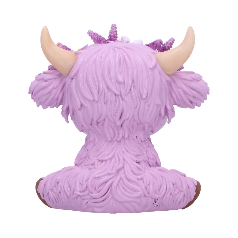 Moo Crew Hyacinth Flower Cow Figurine - rear with layered lilac fur and curved horns above the head