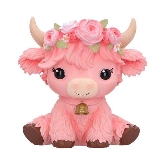 Moo Crew Primrose Flower Cow Figurine - Front showing pink shaggy fur, roses and small bell