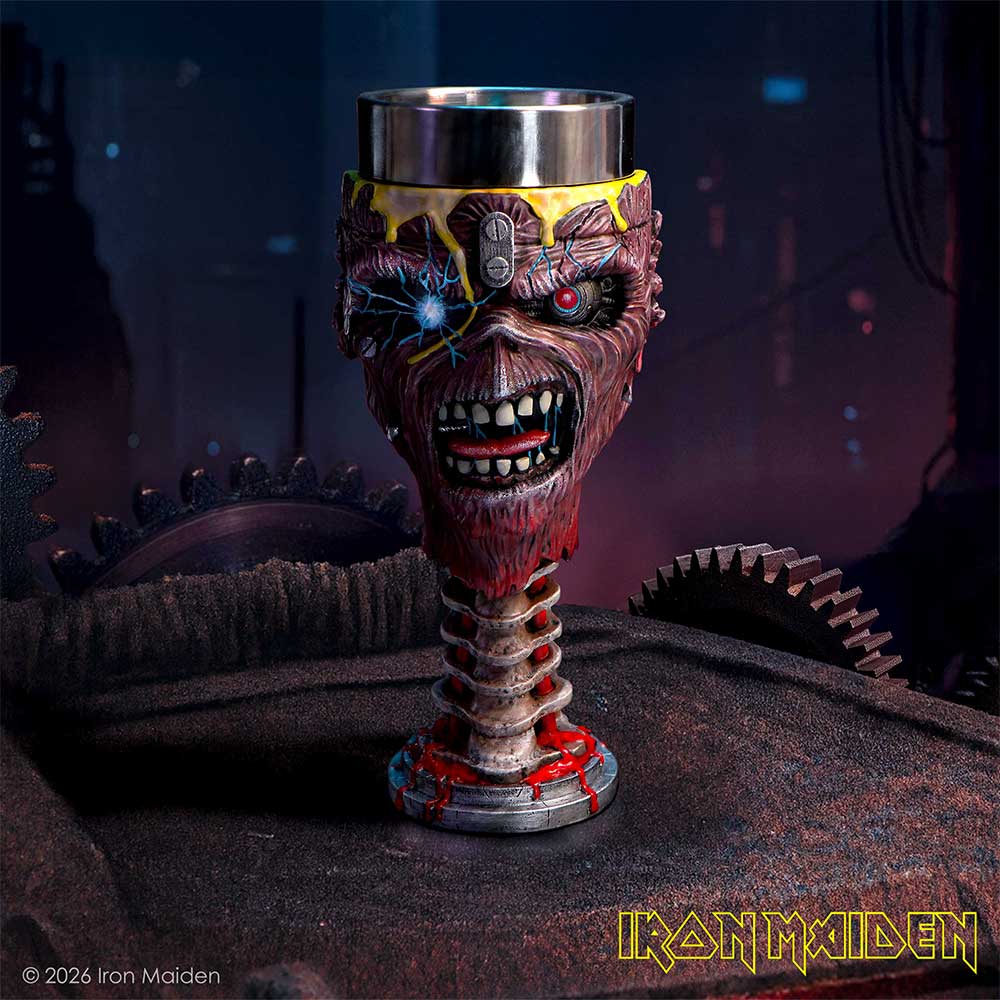 Eddie head goblet on a dark Iron Maiden themed studio background
