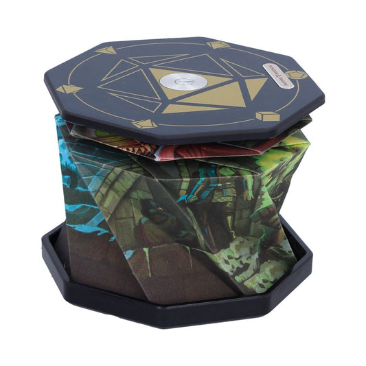 Closer angled view of beholder lamp showing pleated folds and top artwork