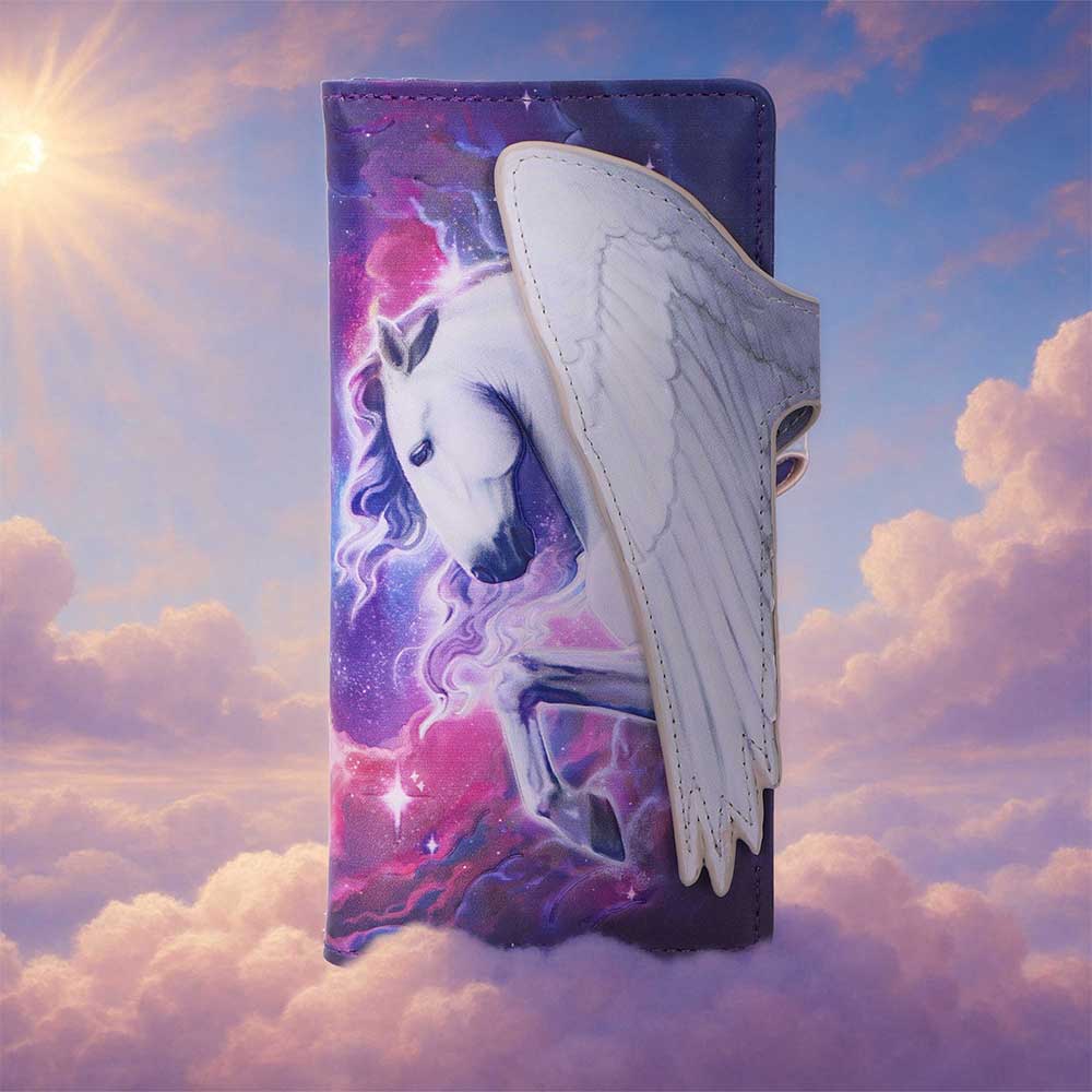 Mythical Flight Embossed Unicorn Purse - Unicorn purse in a styled display