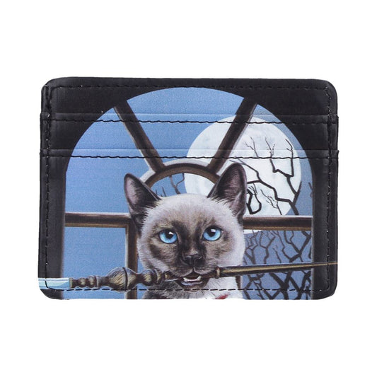 Lisa Parker Hocus Pocus Card Holder - Front showing pale cat holding a wand in the moonlit window