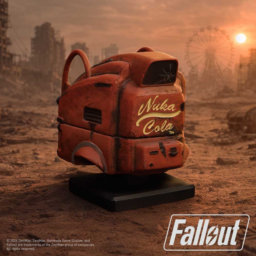 Fallout Nukatron Helmet Miniature - displayed against a Wasteland-style backdrop on its black stand