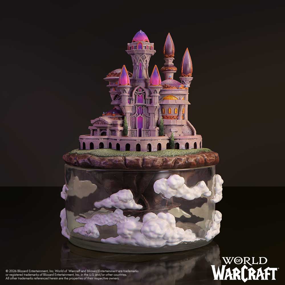 World of Warcraft City of Dalaran Box - displayed on a dark surface with the miniature city above its cloud base