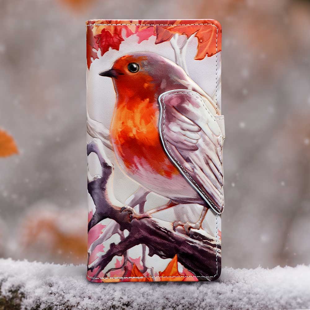 When Robins Appear Embossed Purse - robin purse displayed in an autumn setting