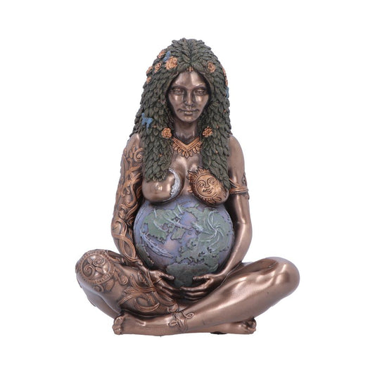 Mother Earth Bronze-Finish Small Figurine - Front showing Mother Earth cradling a blue-green globe