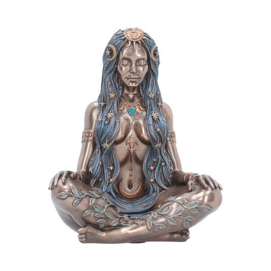 Celestial Goddess Bronze-Finish Figurine - front of the seated bronzed goddess with flowing blue hair and celestial detail