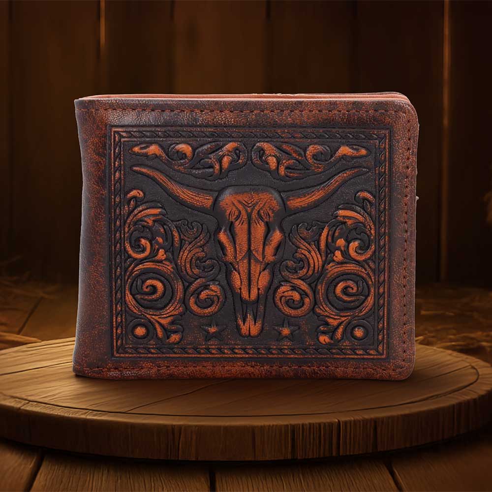 Wild West Embossed Bull Skull Wallet - Bull skull wallet in a styled Western display