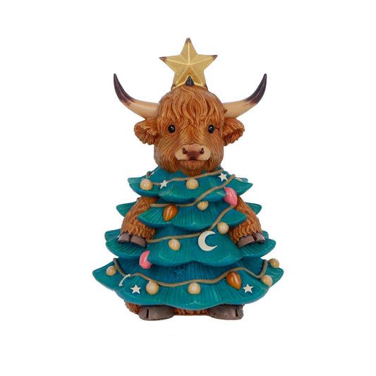 Winter Highland Cow Christmas Tree Figurine - Front showing cow head above decorated tree costume