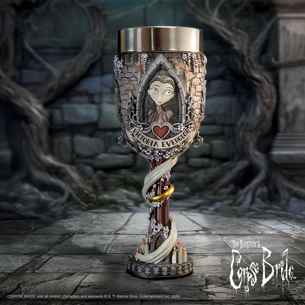 Corpse Bride Victoria Goblet - goblet displayed against gothic church backdrop