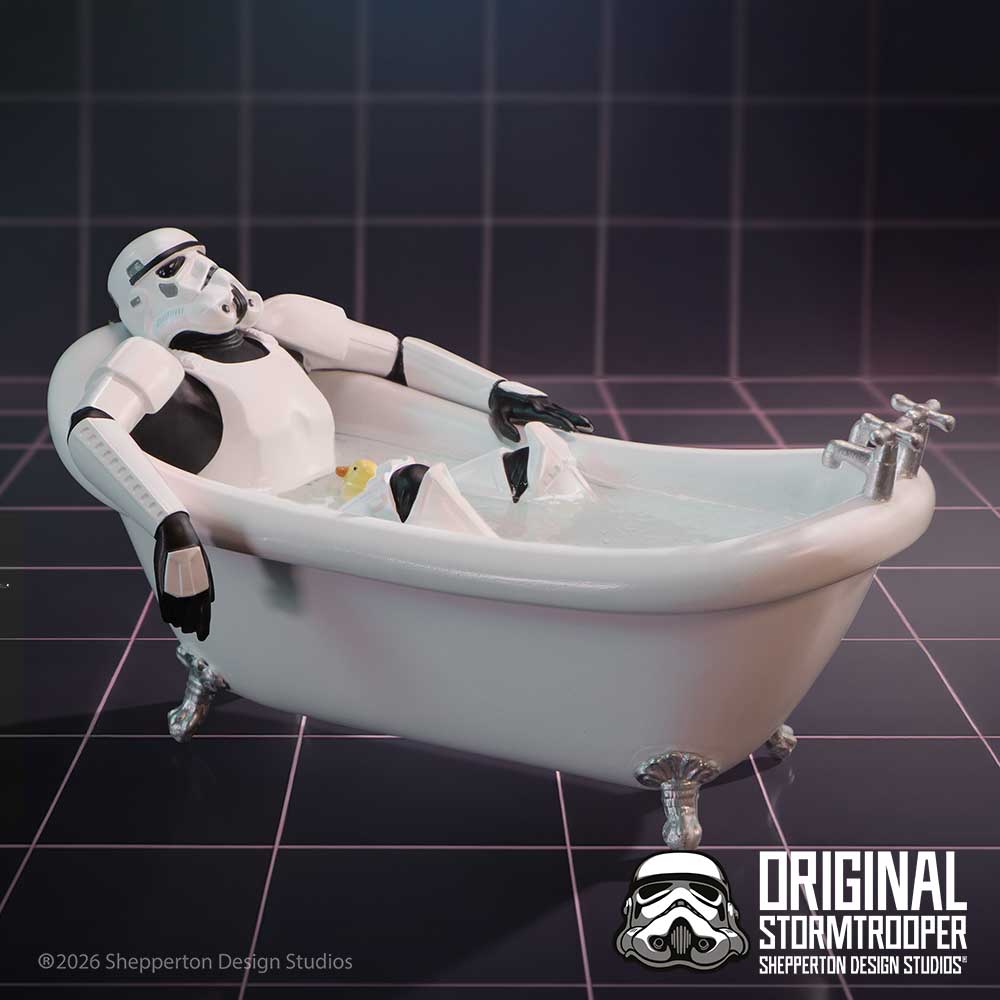 Original Stormtrooper Splish Splash Figurine - bathtub figurine displayed on dark grid surface