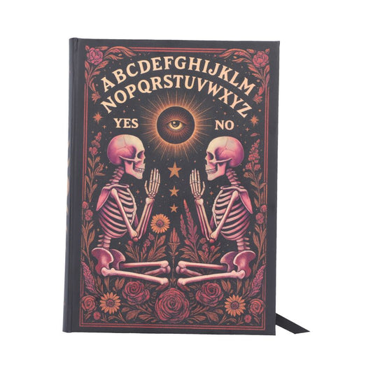 Spirit Board Bloom Journal - skeleton pair beneath spirit-board lettering