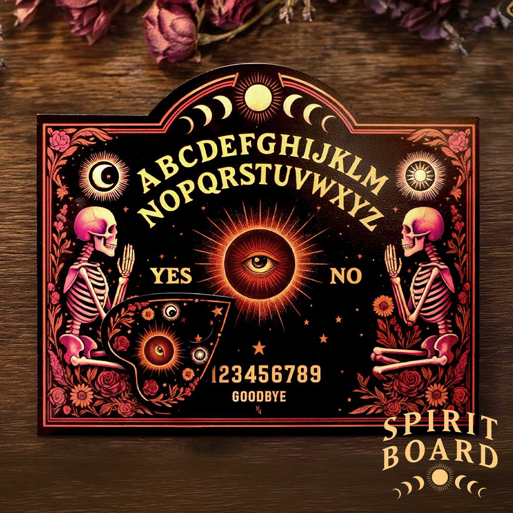 Spirit Board Bloom with Planchette - board displayed on wood with planchette