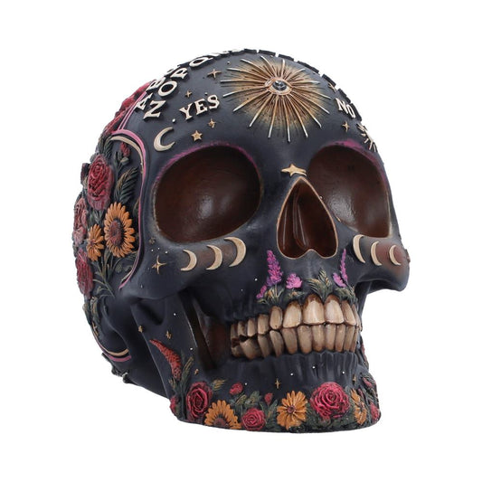 Spirit Board Bloom Skull Ornament - floral skull with spirit-board lettering