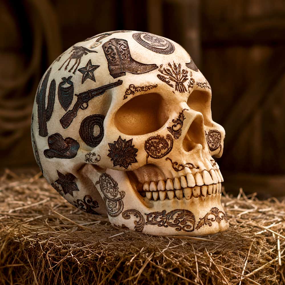 Wild West Lone Ranger Skull Ornament - western skull displayed on straw