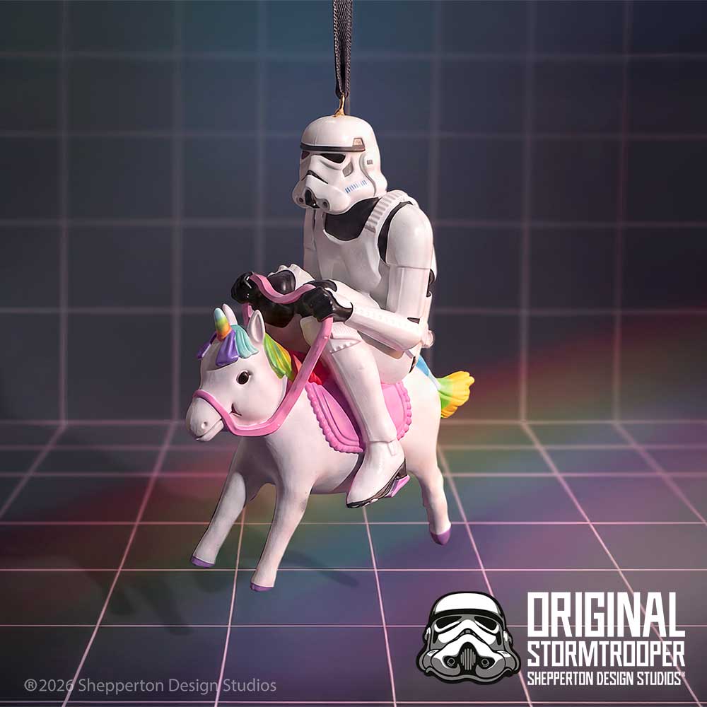 Original Stormtrooper Giddy Up Ornament - Giddy Up ornament suspended against dark grid backdrop