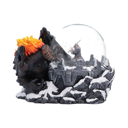Lord of the Rings Battle of the Peak Snow Globe - Front view of Gandalf globe beside fiery Balrog and snowy rocks