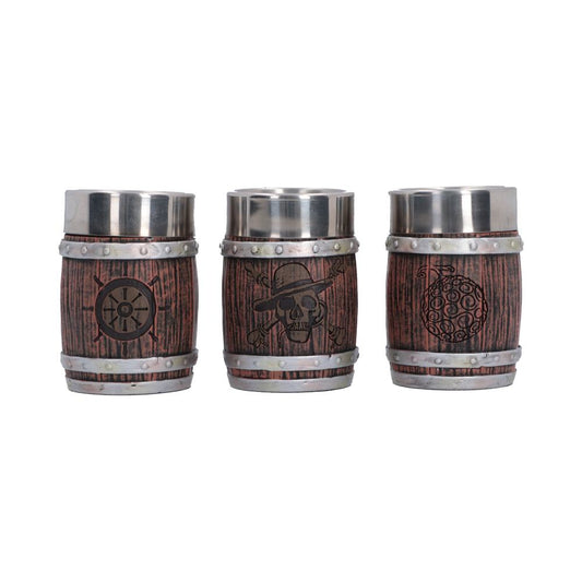 One Piece Barrel Shot Glass Set - Front view of three barrel glasses with different pirate symbols