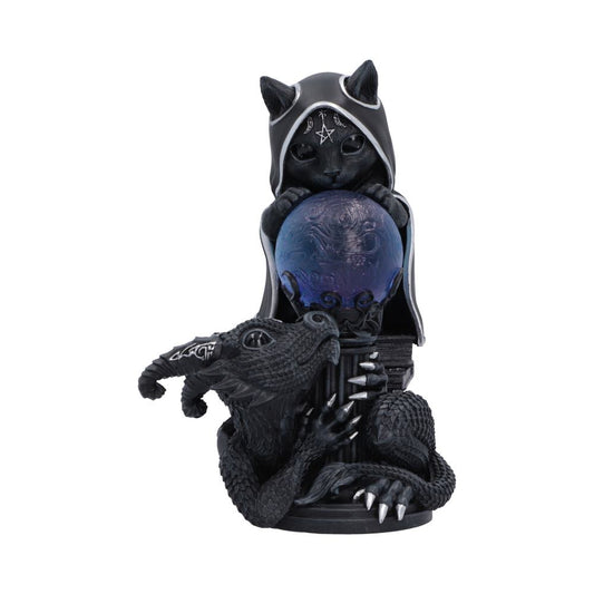 Cult Cuties Mystic Mischief Figurine - Front view of hooded cat and reptilian creature around blue-purple orb